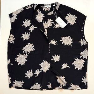 VINCE 100% Silk Black and White Floral Blouse NWT